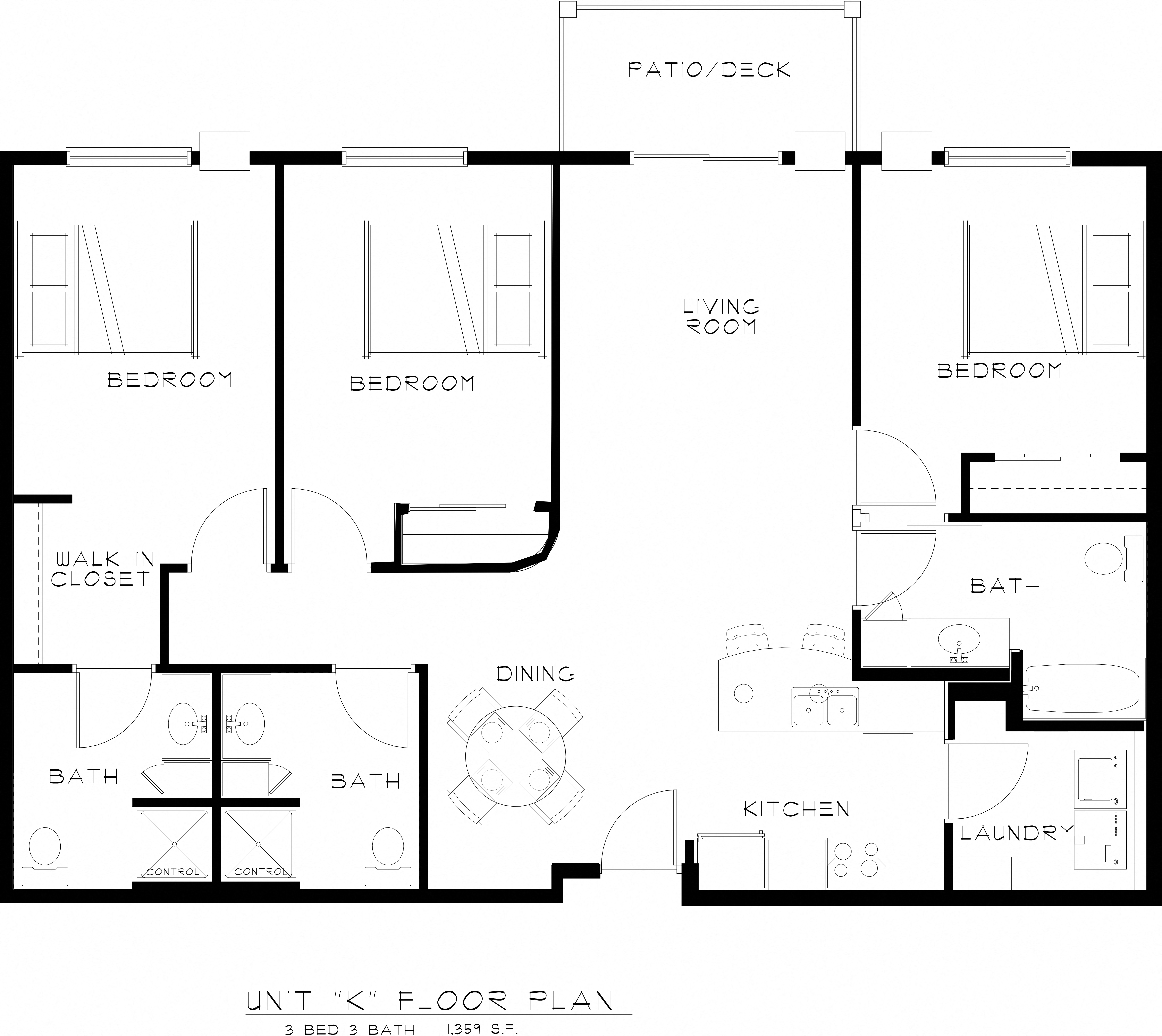 Floor plan for 3 beds, 3 baths, 1359 sqft
